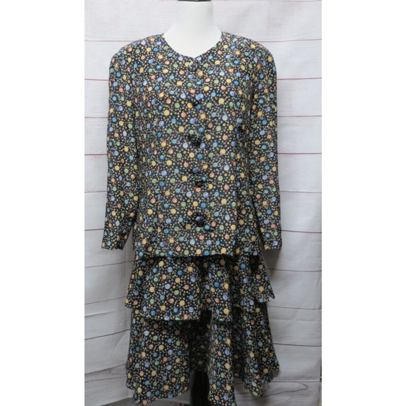 Vintage Leslie Fay 12 Petite 80s 90s Two Piece Abstract Dress Layered Skirt - Picture 1 of 12